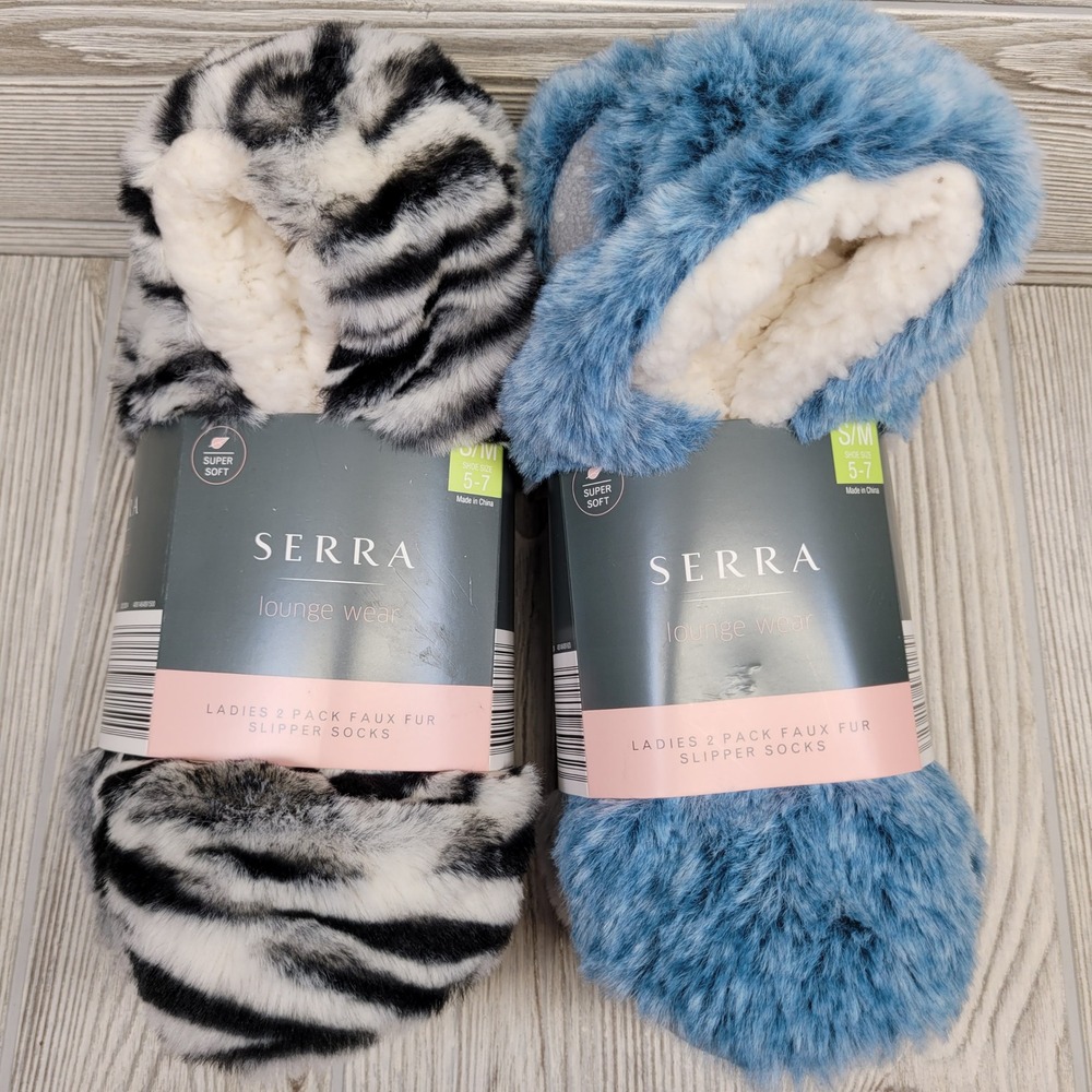 4 Pair Serra Womens Lounge Wear Fuzzy Slipper Socks Sherpa Faux Fur Zebra Sm Med
